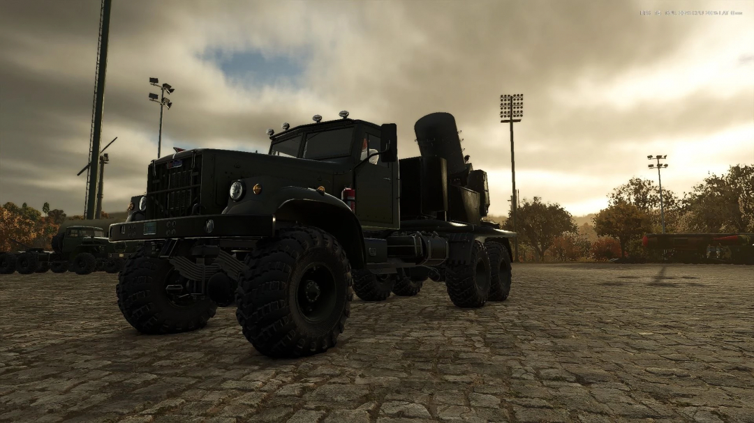 Russian military truck mod in FS25 on cobblestone ground