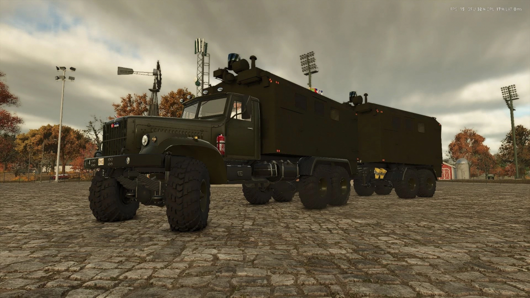 Russian military pack Ural mod in FS25, showing an armored vehicle on cobblestones.