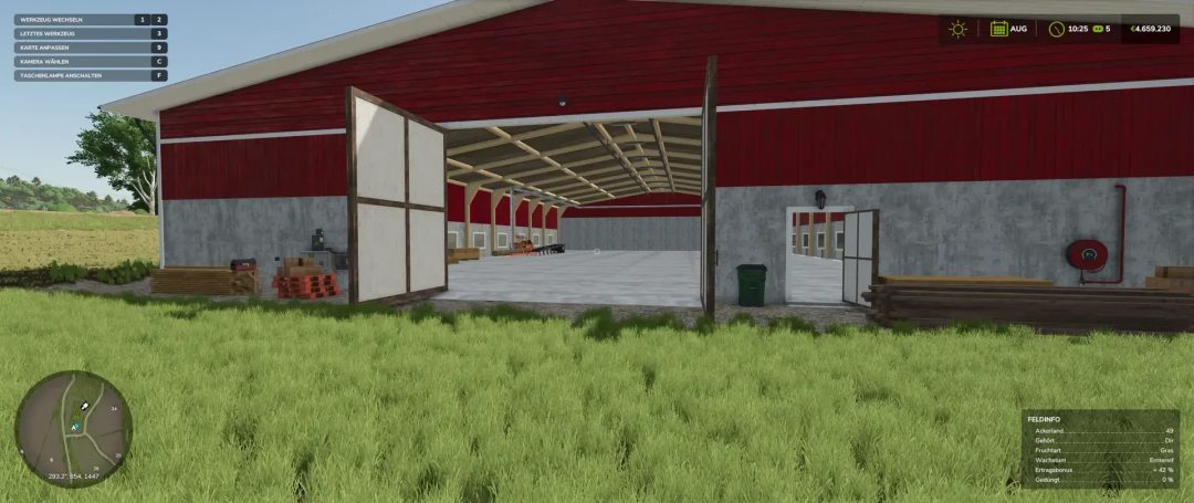 FS25 Sawmill PelletPalet mod showing large red barn with open doors and stacked materials.