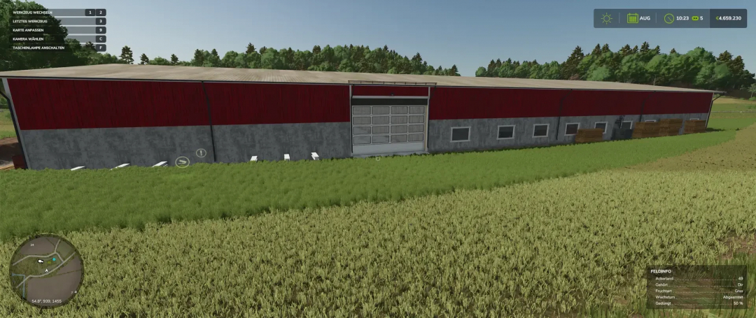 FS25 Mod Sawmill building with red and gray design in Farming Simulator 25 landscape.