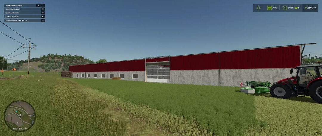 FS25 mod Sawmill PelletPalet v1.0.0.0 showing a large red barn and tractor on grass in Farming Simulator 25.