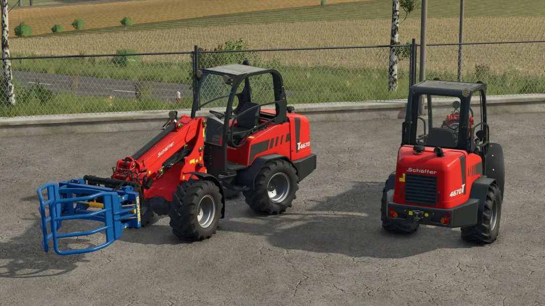 Schäffer 4670 T tractor mod in FS25 with front attachment, displayed on concrete in Farming Simulator 25 environment.