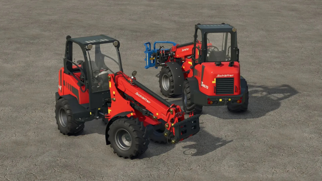 Two Schäffer 4670 T loaders from FS25 mods on a paved surface in Farming Simulator 25.