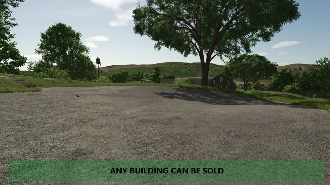 FS25 mod Sellable Preplaced Placeables v1.0.0.0, showing a scenic landscape with trees and a sign reading 'Any Building Can Be Sold'.