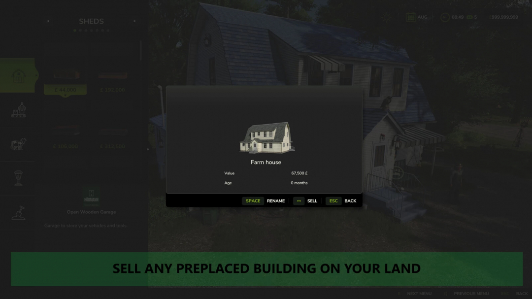 FS25 mod Sellable Preplaced Placeables v1.0.0.0 interface showing a farmhouse with value and age.