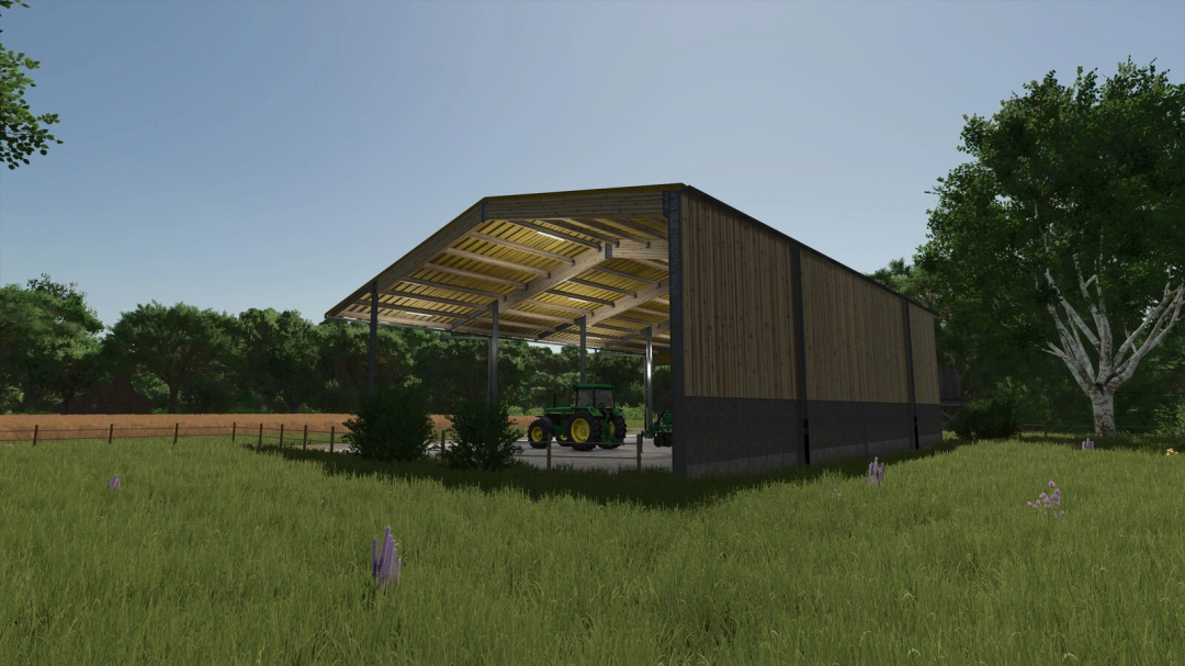 Open wooden shed with tractor in FS25 mod Shed v1.0.0.0 for Farming Simulator 25.