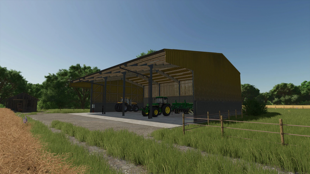 FS25 mod Shed v1.0.0.0 featuring a large metal barn with tractors inside, set against a rural landscape.