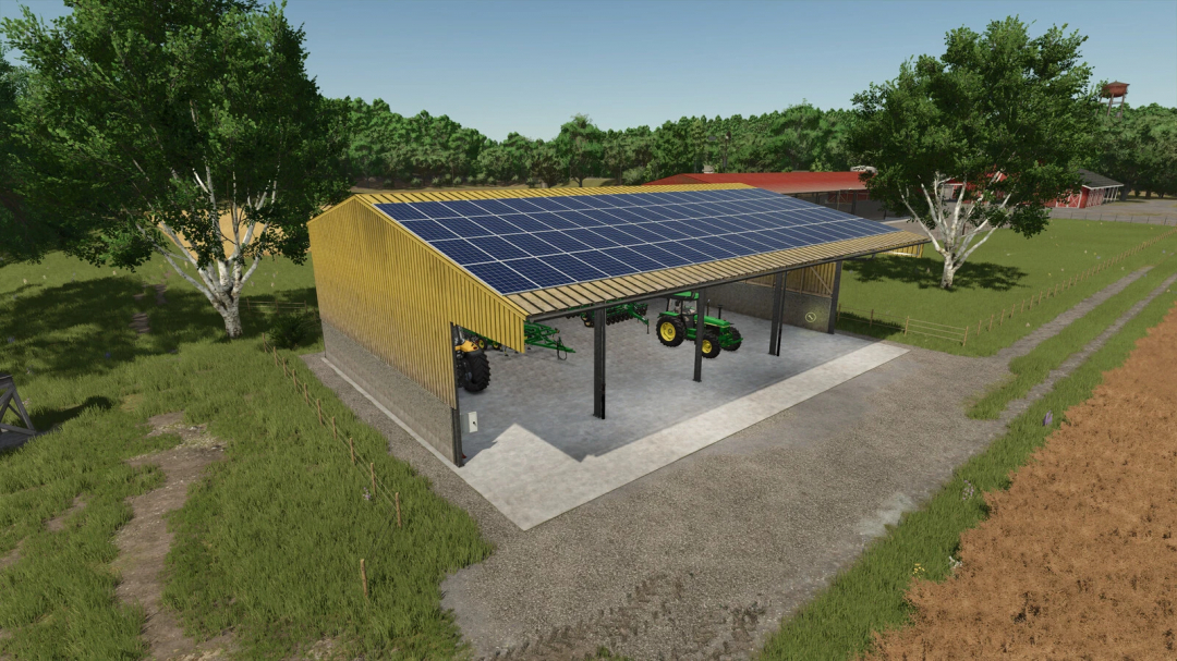 FS25 mod Shed v1.0.0.0 with tractors inside, featuring a solar-panel roof, set in a lush green landscape.