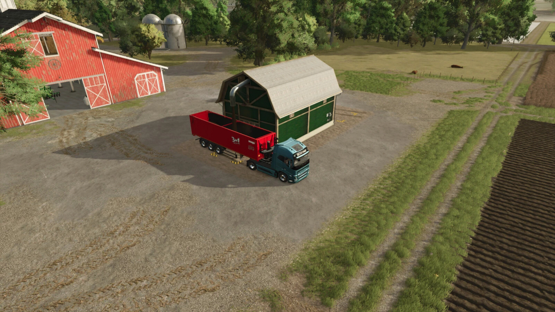 FS25 Silage Factory mod v1.0.0.0 with red trailer and blue truck near barn on a farm.