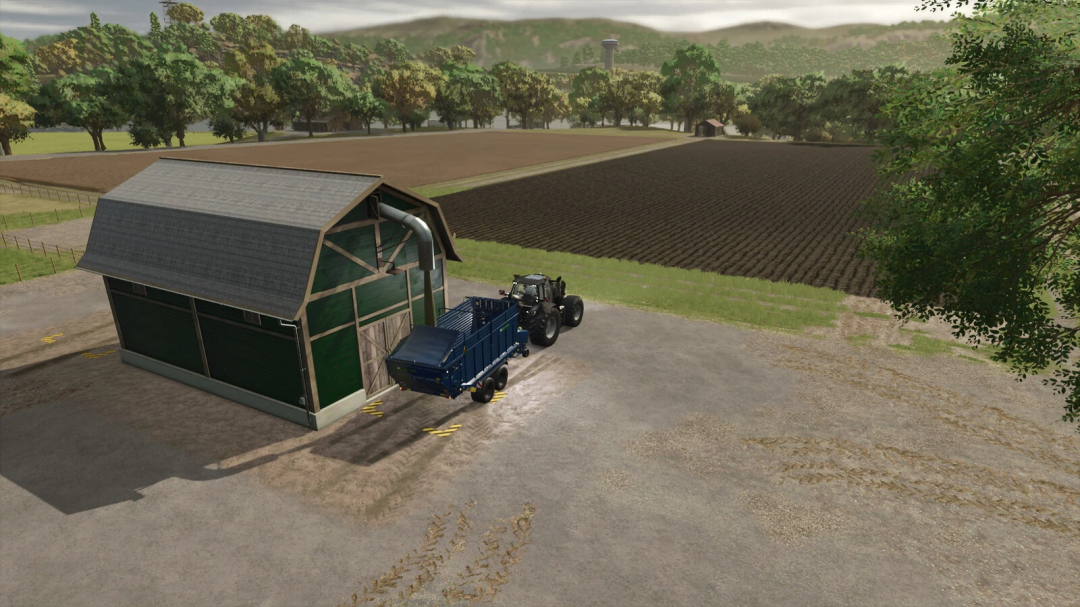 FS25 mods: Tractor with trailer at silage factory in Farming Simulator 25.