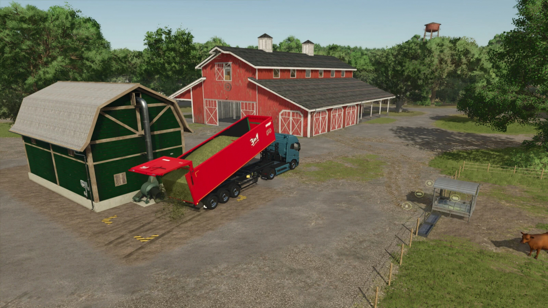 FS25 Silage Factory mod showing a red trailer unloading beside barns and a cow in a pasture.