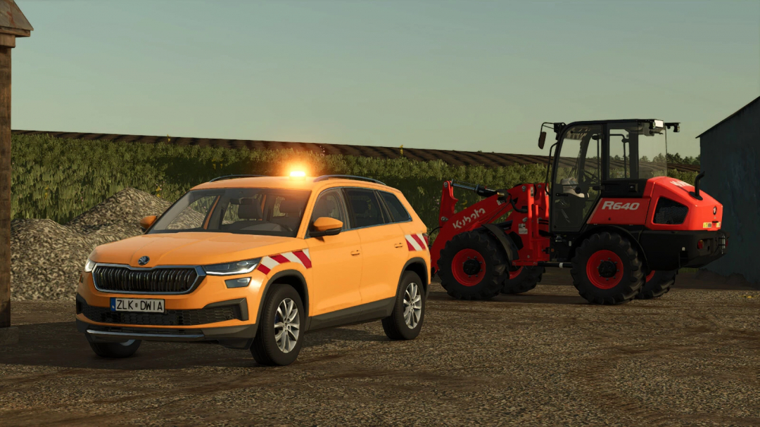 Skoda Kodiaq mod in FS25, parked next to an R640 loader on a farm.