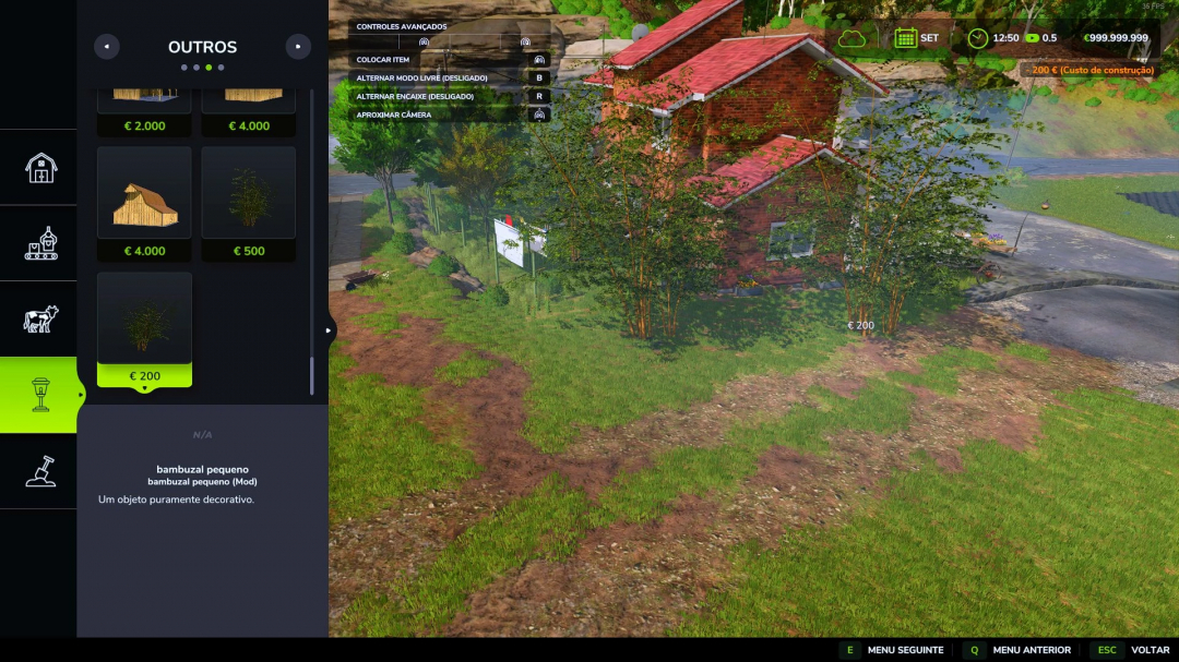 FS25 mod: Small bamboo grove interface showing purchase option for decorative bamboo grove at €200 in Farming Simulator 25.