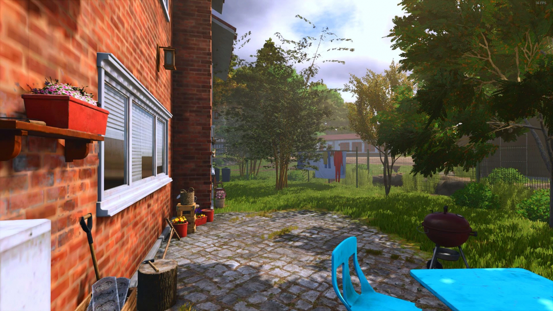 Backyard in FS25 mod Small Bamboo Grove v1.0.0.0 with bamboo, trees, and garden tools against a brick house.