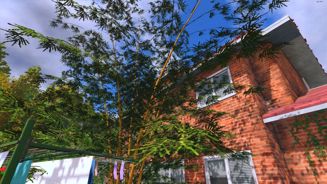 FS25 mod image showing a small bamboo grove beside a brick house under a bright sky.