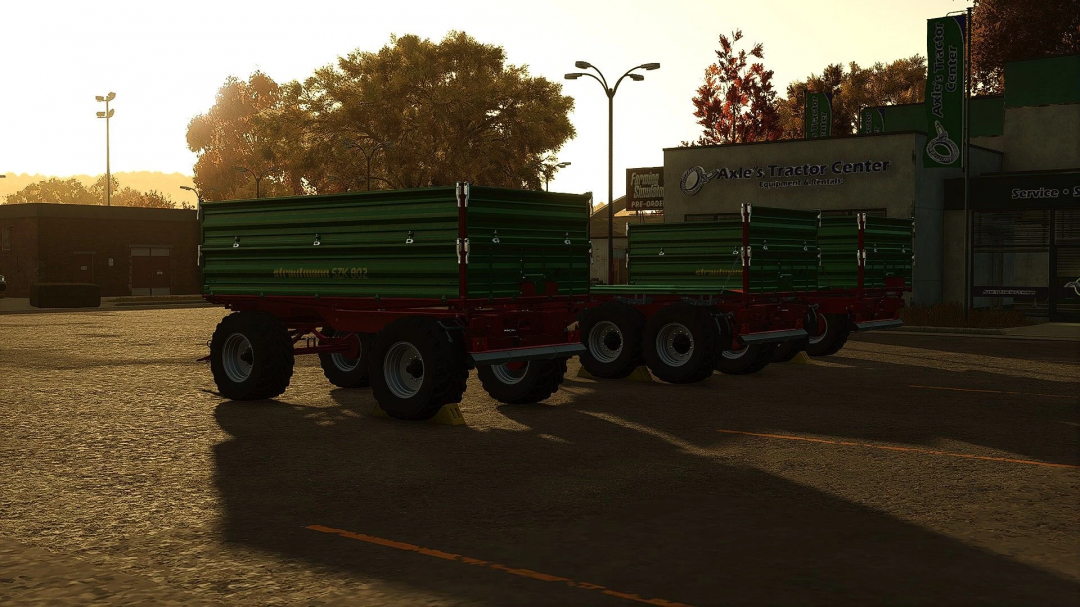 Stuutmann trailer pack in Farming Simulator 25 mod, showcasing green trailers at Axle's Tractor Center.