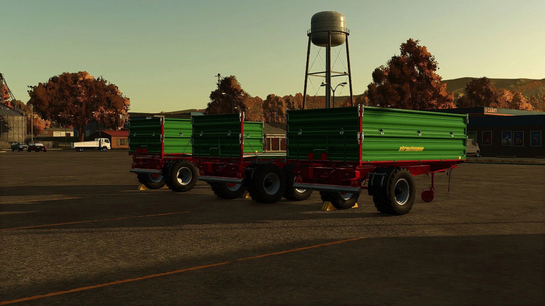 Stuutmann trailer pack mod in Farming Simulator 25, featuring two green trailers parked in a yard.