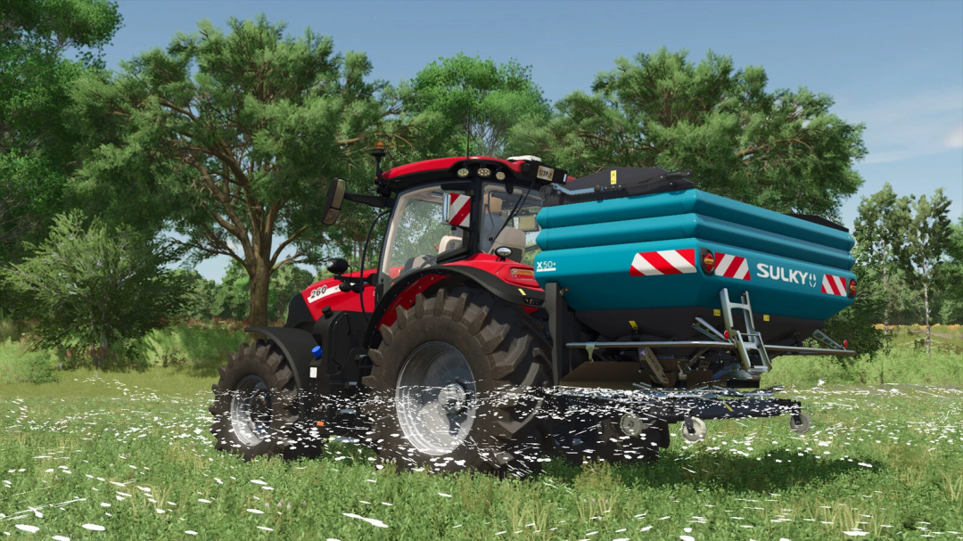 Tractor with Sulky X50 Econov mod in Farming Simulator 25, spreading fertilizer on a green field. FS25 mods enhance gameplay.