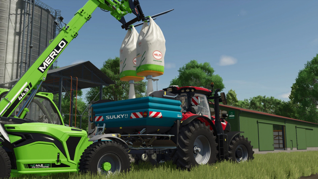 FS25 mod Sulky X50 Econov fertilizer spreader being loaded with crane on farm.