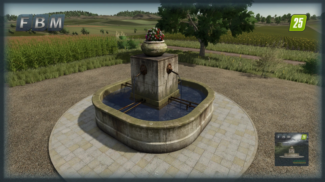 Town Fountain mod for FS25, featuring a stone fountain with water and flower decorations in a rural landscape.