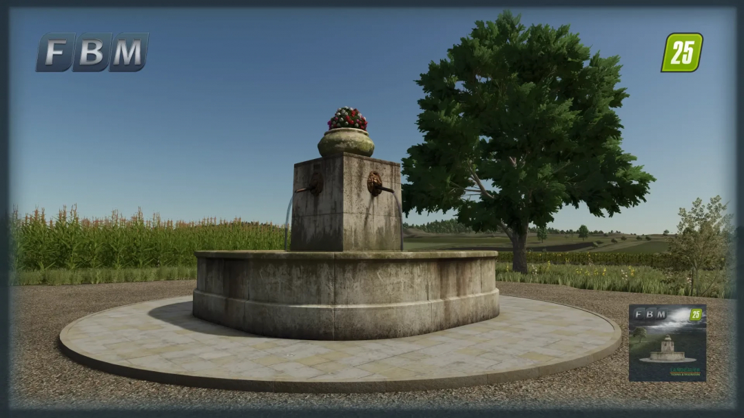 FS25 mod Town Fountain v1.0.0.0 featuring a stone fountain with a floral decoration, set in a rural landscape.