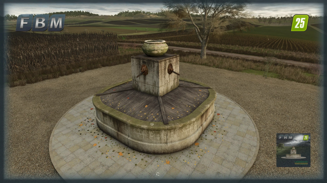 Town Fountain mod in FS25 features a rustic fountain in a rural landscape.