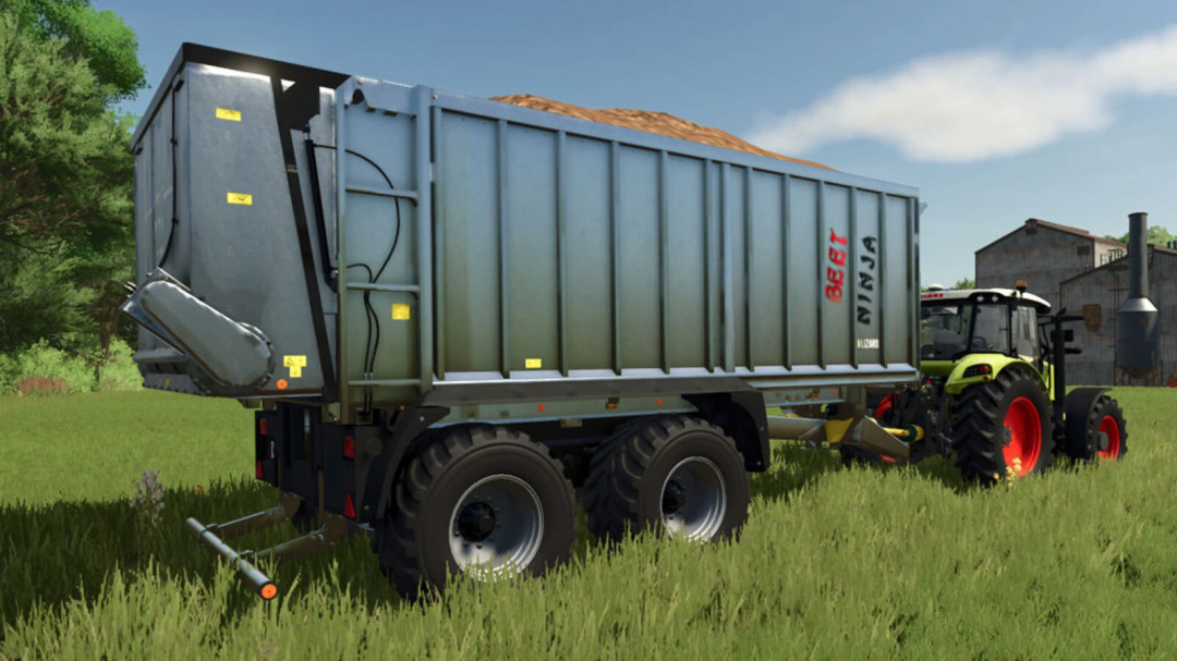 FS25 mod: Trailer with Beet Cutter in a field, attached to a tractor, enhancing gameplay in Farming Simulator 25.