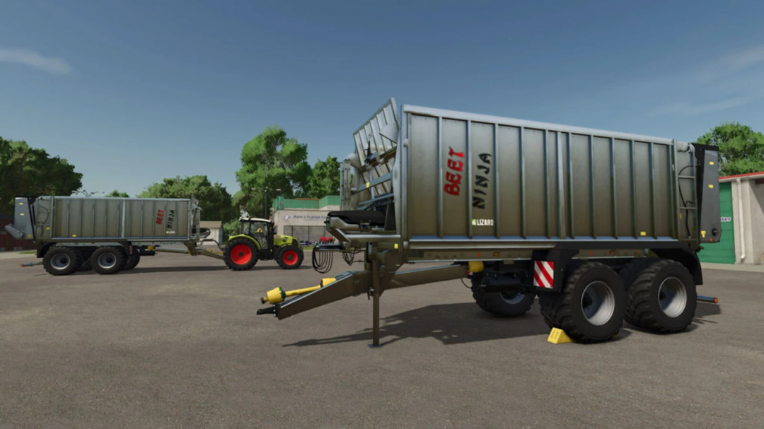 FS25 mod: Trailer with Beet Cutter v1.0.0.0 in Farming Simulator 25, featuring a large green metal trailer with dual wheels.