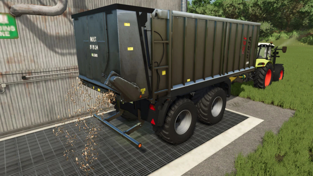 FS25 mods - Trailer with beet cutter unloading beets in Farming Simulator 25.