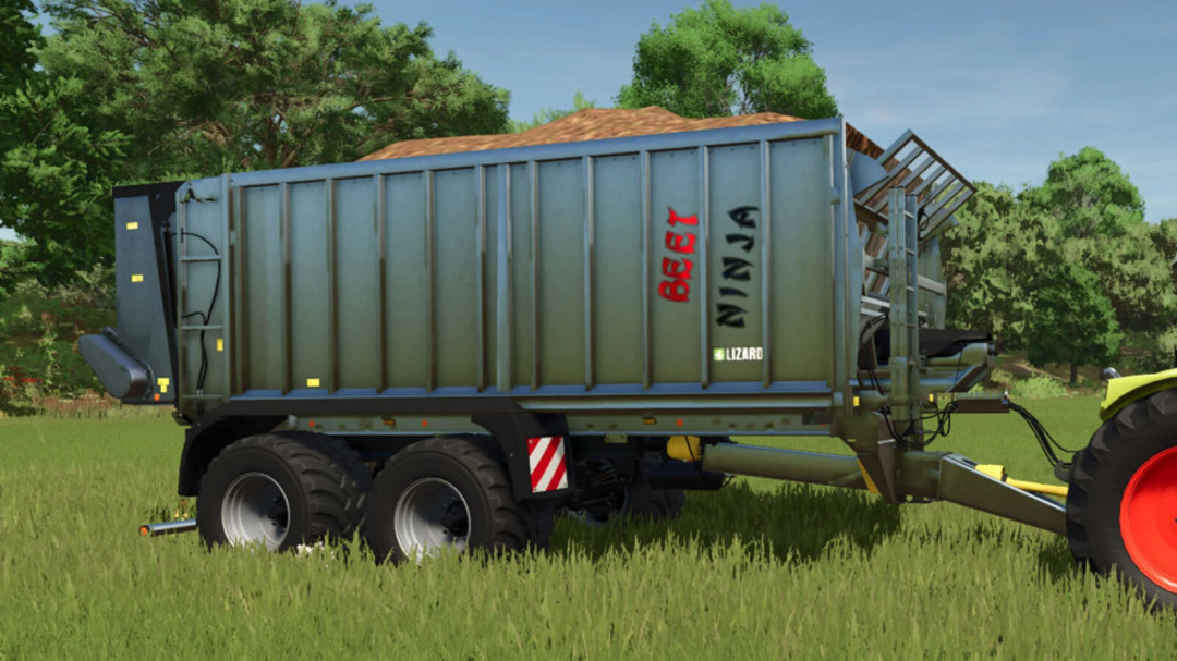 Trailer with Beet Cutter mod for FS25 in a grassy field, showcasing its functionality.