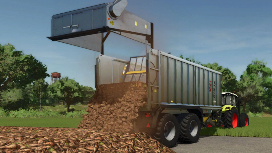 FS25 mod: Trailer With Beet Cutter unloading beets in Farming Simulator 25.