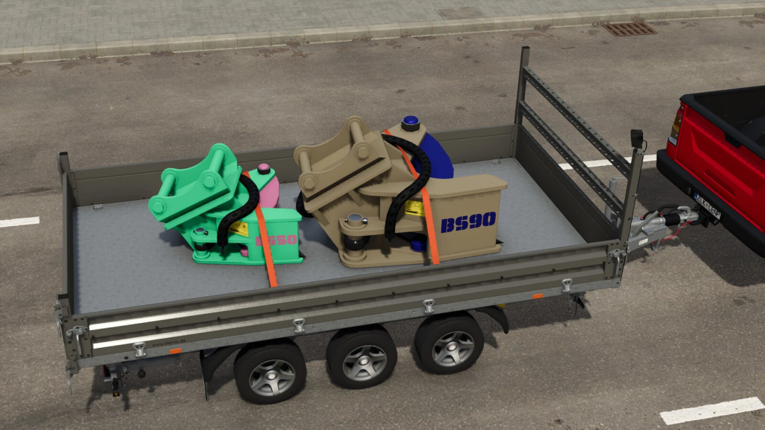 FS25 mods Tree Shears Pack v1.0.0.0 on trailer with a red truck in Farming Simulator 25.