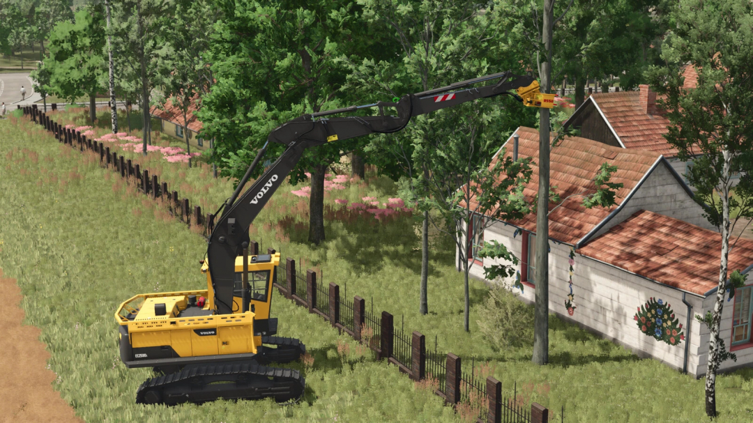 FS25 Tree Shears Pack v1.0.0.0 mod showing a Volvo excavator using tree shears near a rustic house.