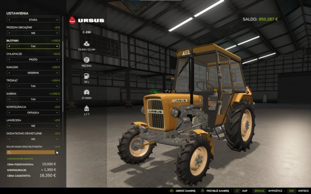 FS25 mod URSUS C330-C330m v1.0.8.0 in garage, showing customization options and price details.