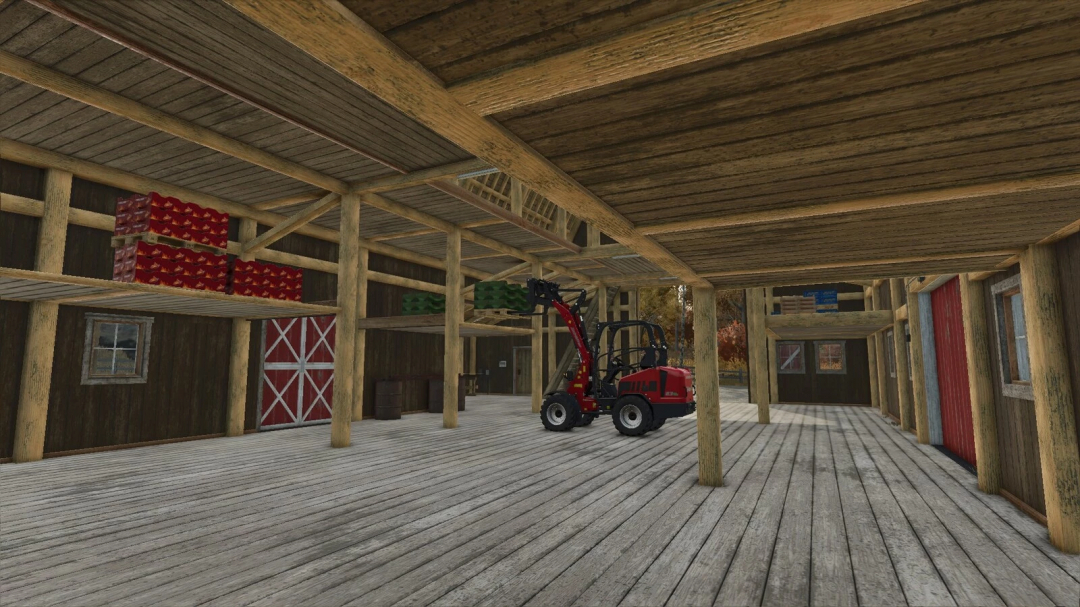 Interior view of US Farm Barn in FS25 mod, featuring wooden beams, stacked crates, and a red loader in Farming Simulator 25.