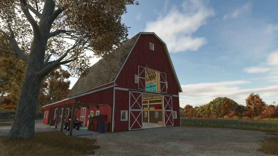 US Farm Barn mod for FS25 with a red wooden structure under a clear sky.