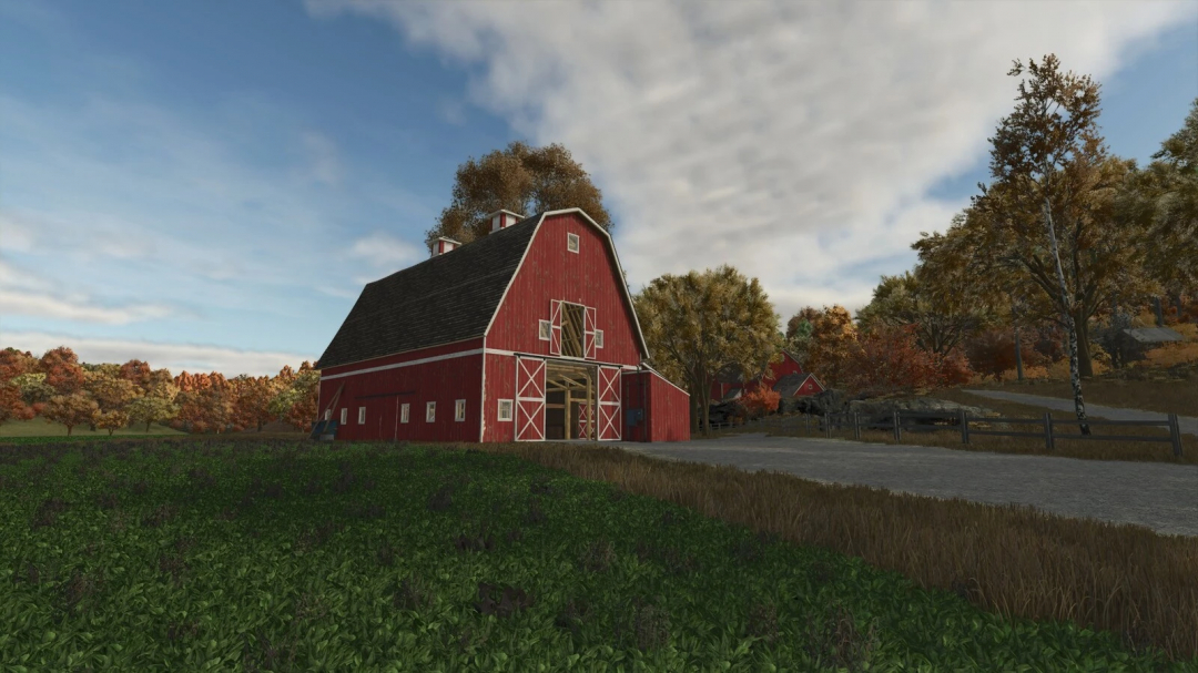 FS25 mods: US Farm Barn v1.0.0.0 featuring a classic red barn in a rural landscape in Farming Simulator 25.