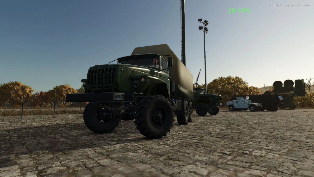 Ural 4320 logistics truck in FS25 mod parked on cobblestone, showcasing its design under clear sky.