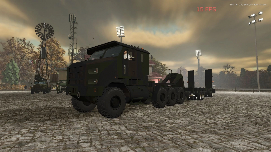 Ural 4320 truck mod in Farming Simulator 25, parked on cobblestone, with windmill and trees in the background. FS25 mods.