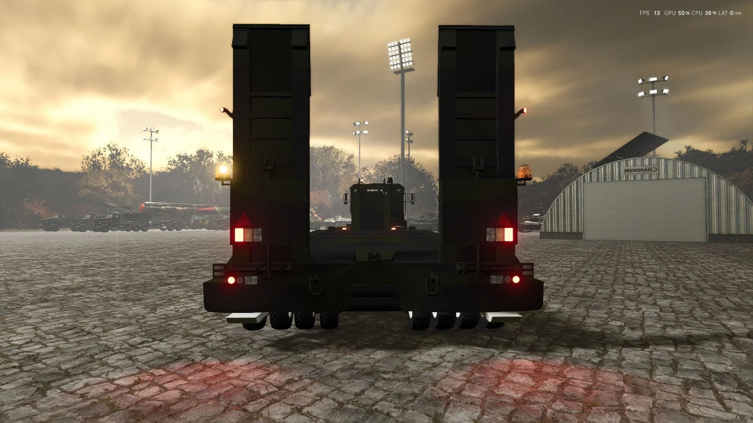 Rear view of Ural 4320 truck mod in FS25 with evening sky and warehouse in background.