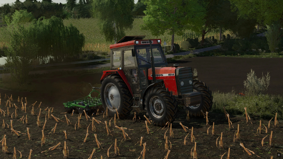 FS22 mod Ursus 4514 tractor plowing a field in Farming Simulator 22.