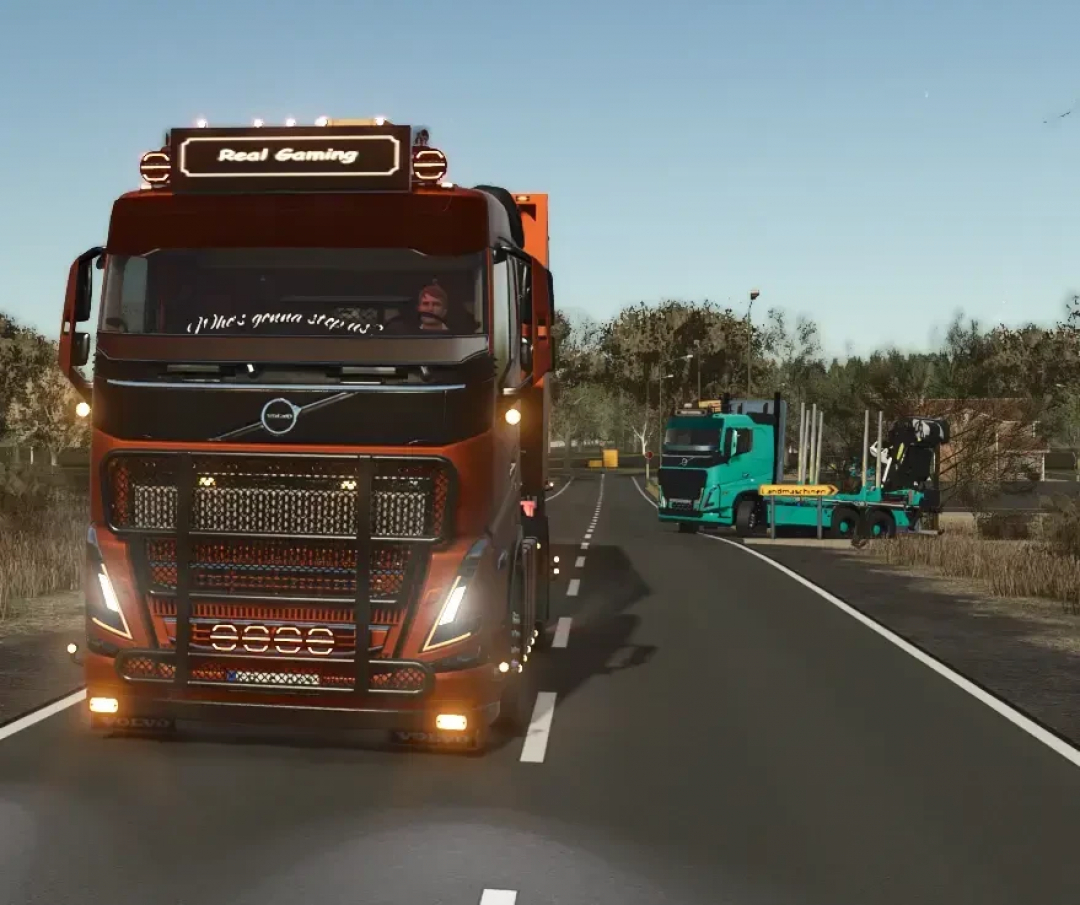 Two Volvo FH16 trucks on a rural road in FS25 mod Volvo FH16 Complete Package.