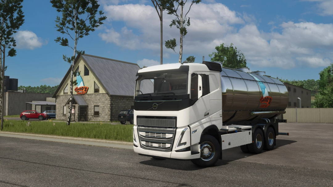 Volvo FH16 Tanker mod in Farming Simulator 25, parked by a rural building.