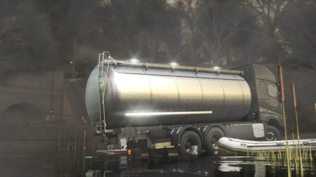 Volvo FH16 Tanker v1.0.0.0 mod for Farming Simulator 25, showcasing a tanker truck near a misty forest scene.