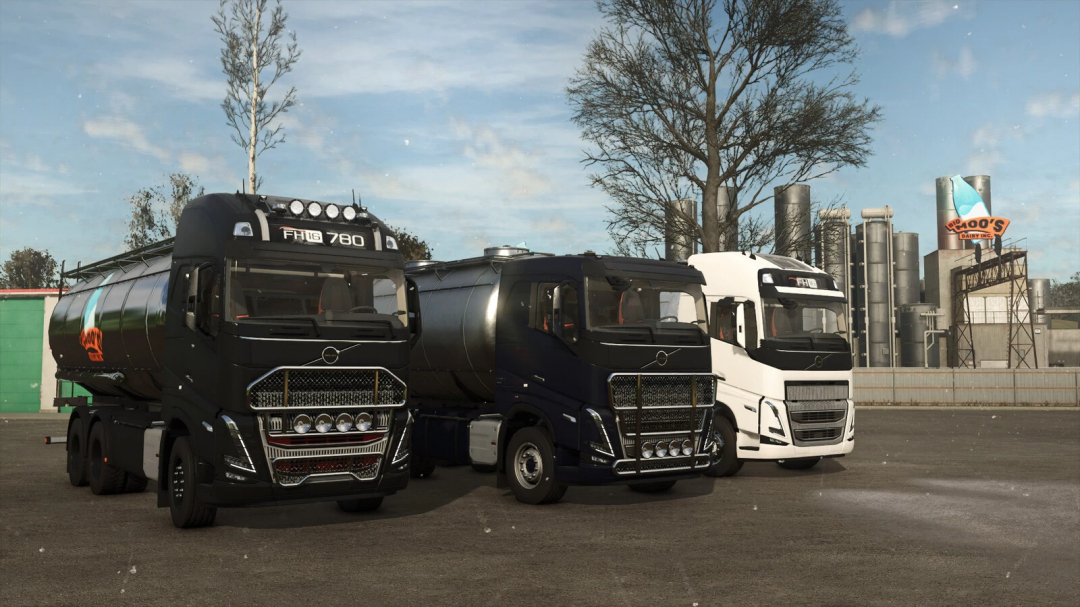 Volvo FH16 Tanker trucks in a dairy setting, FS25 mod