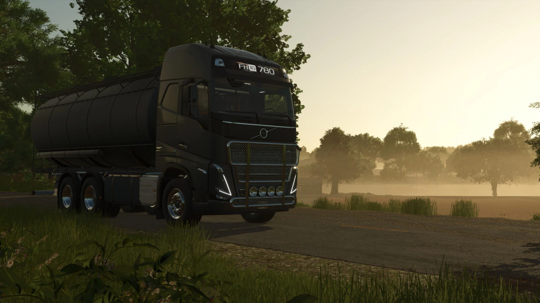 Volvo FH16 Tanker mod in FS25, set against a foggy rural backdrop.