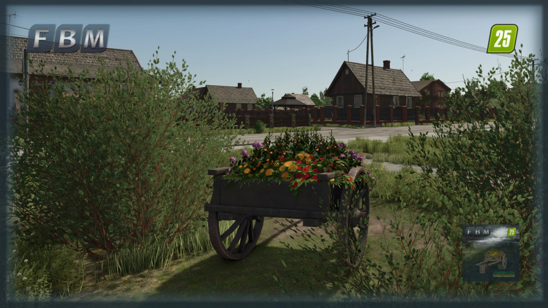 Wooden flower cart mod in FS25 with vibrant flowers, rural setting.