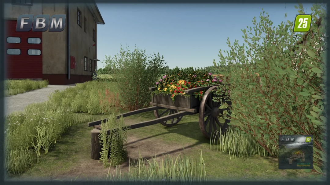 FS25 mods: Wooden Flower Cart v1.0.0.0 features a rustic cart filled with colorful flowers, set against a farm background.