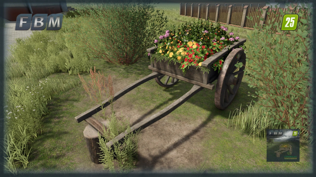 Wooden flower cart mod for FS25, featuring colorful flowers in a rustic wooden cart set in a lush garden environment.