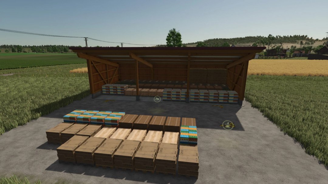 Wooden garage object storage mod for FS25 showcasing stacked boxes in a field setting.